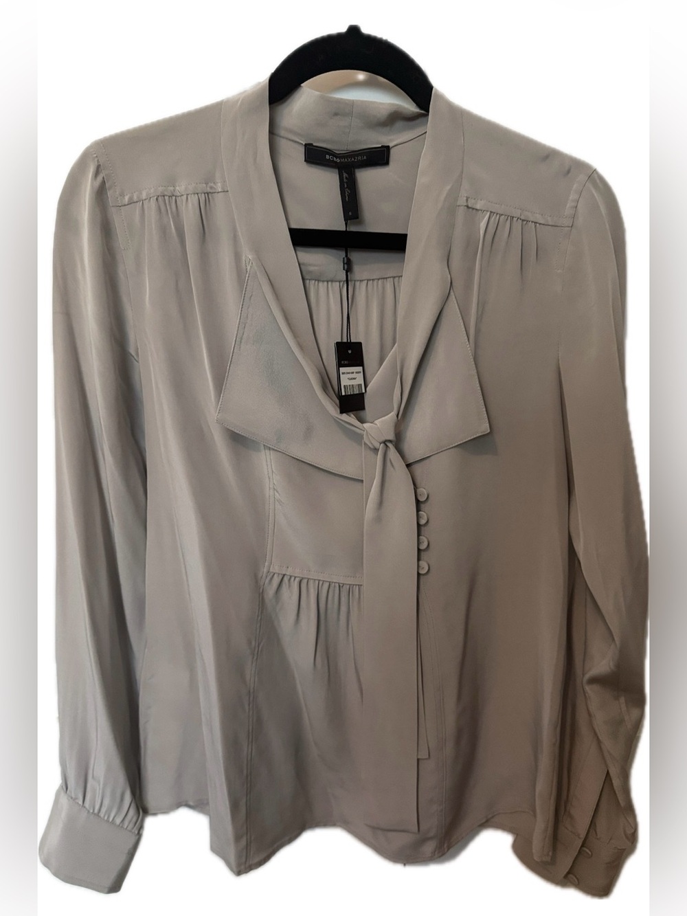 BCBGMaxazria “Cleona” Neutral Taupe Tie-Neck Blouse